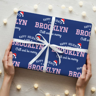 Happy Holidays Name Christmas Santa Hat Pink Navy Wrapping Paper