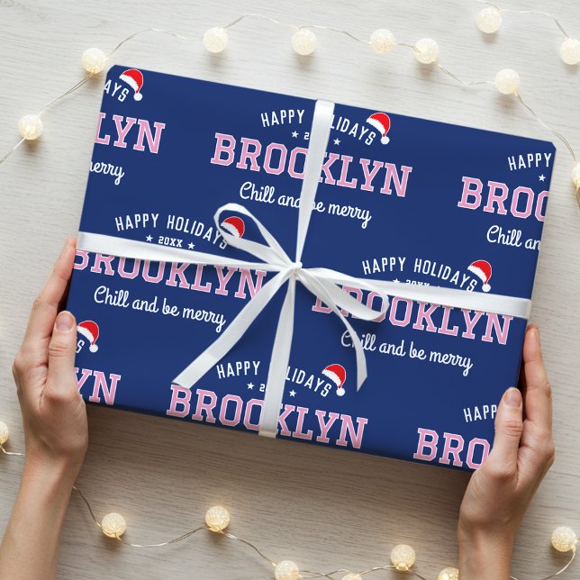 Happy Holidays Name Christmas Santa Hat Pink Navy Wrapping Paper (Creator Uploaded)