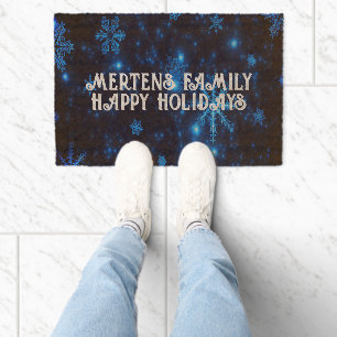Happy Holidays & Name Deep Blue Bright Snowflakes Fiber Doormat