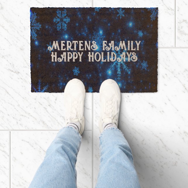 Happy Holidays & Name Deep Blue Bright Snowflakes Fiber Doormat (Insitu)