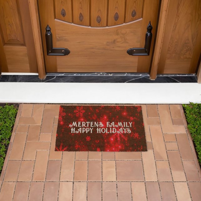 Happy Holidays & Name Deep Red & Bright Snowflakes Fiber Doormat (Insitu (Outdoor))