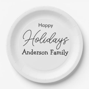 happy holidays name family simple bold modern retr paper plates