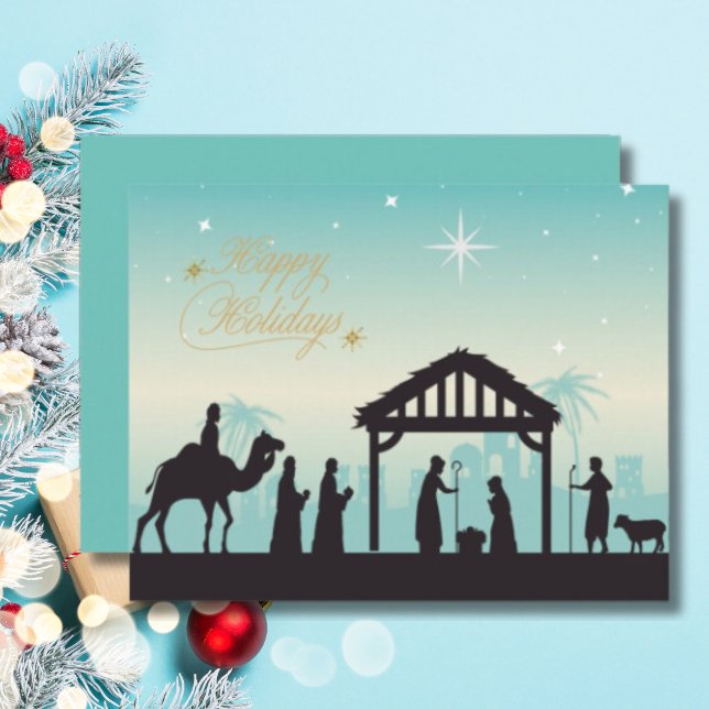 Happy Holidays Nativity Manger Scene Note Card (A peaceful nativity scene to share the warmth and wonder of the season.)