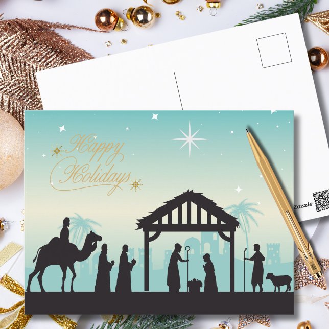 Happy Holidays Nativity Manger Scene Postcard (A peaceful nativity scene to share the warmth and wonder of the season.)