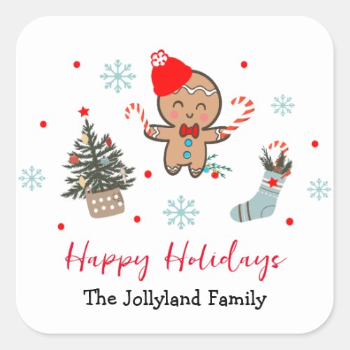 Happy Holidays Nature pine trees Gingerbread man Square Sticker