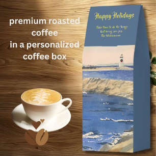 HAPPY HOLIDAYS NAUTICAL LIGHT HOUSE WATERCOLOR ROASTED COFFEE