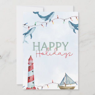 Happy Holidays- Nautical Whale & Lighthouse Holiday Card