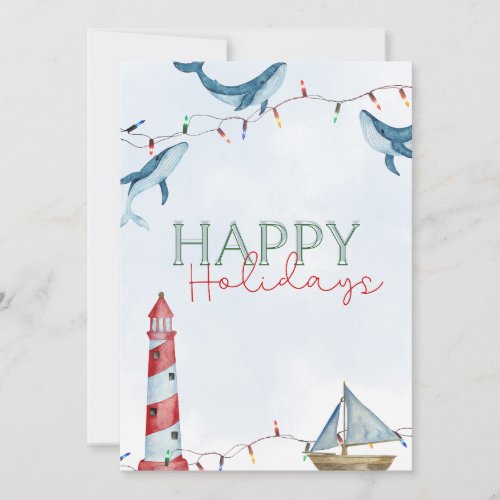 Happy Holidays_ Nautical Whale  Lighthouse Holiday Card