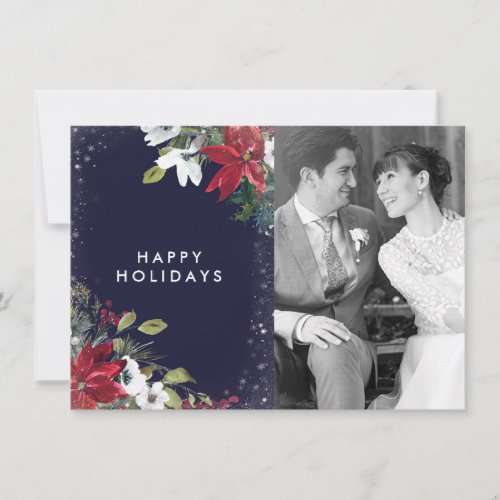 happy holidays navy red white floral photo card