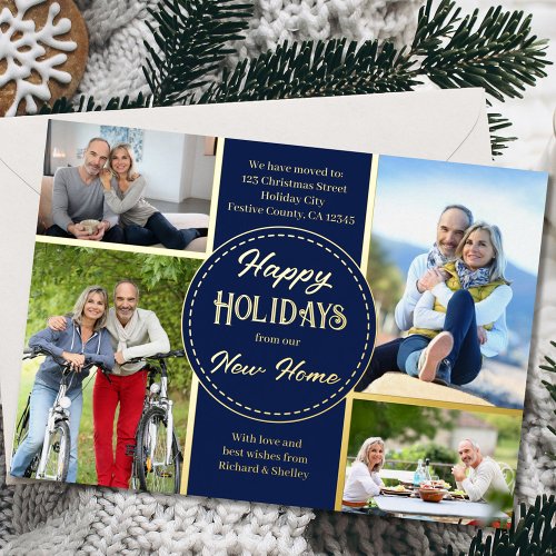 Happy Holidays New Home 4 Photo Blue and Gold Foil Holiday Card