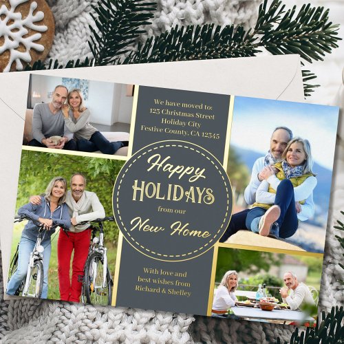 Happy Holidays New Home 4 Photo Gray and Gold Foil Holiday Card