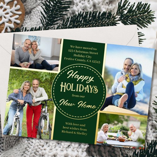 Happy Holidays New Home 4 Photo Green and Gold Foil Holiday Card