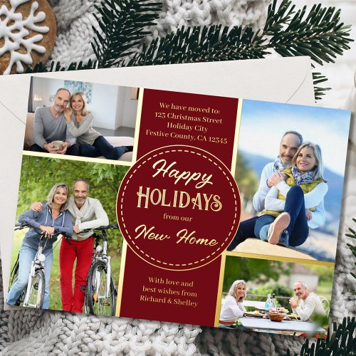 Happy Holidays New Home 4 Photo Red and Gold Foil Holiday Card