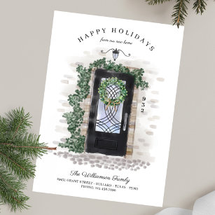 Happy Holidays New Home Black Iron Watercolor Door Holiday Card