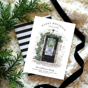 Happy Holidays New Home Black Iron Watercolor Door Holiday Card