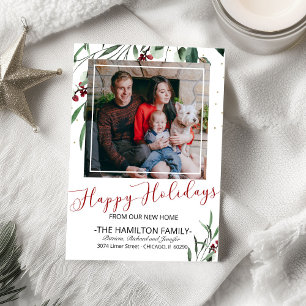 Happy Holidays New Home Red Calligraphy Moving Holiday Card