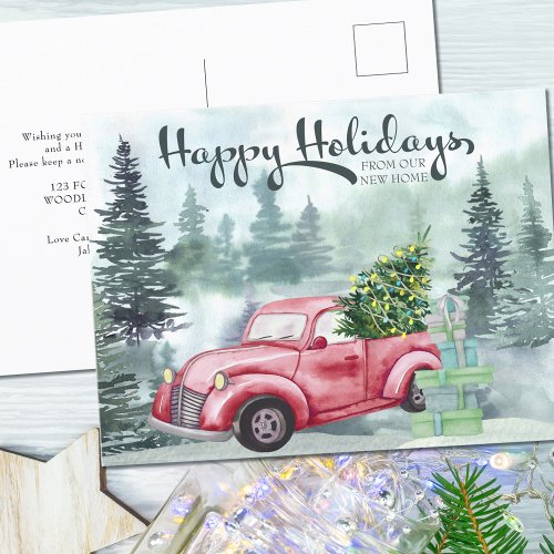 Happy Holidays New Home Vintage Red Truck Forest Holiday Postcard