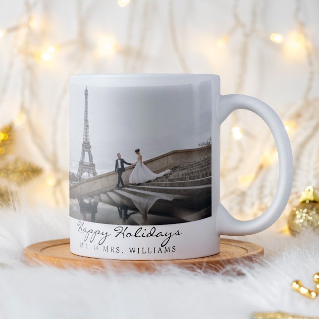 Happy Holidays Newlywed Photo Collage Coffee Mug (Happy Holiday mug for newlyweds. This mug features 2 images and personalized with Mr & Mrs.)