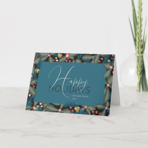 Happy Holidays Non_Photo Whimsical Teal Folded Holiday Card