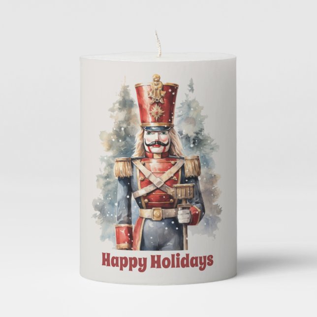 Happy Holidays nutcracker Christmas Pillar Candle (Front)
