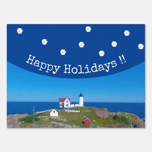 Happy Holidays Ocean Blue White Nubble Lighthouse Sign
