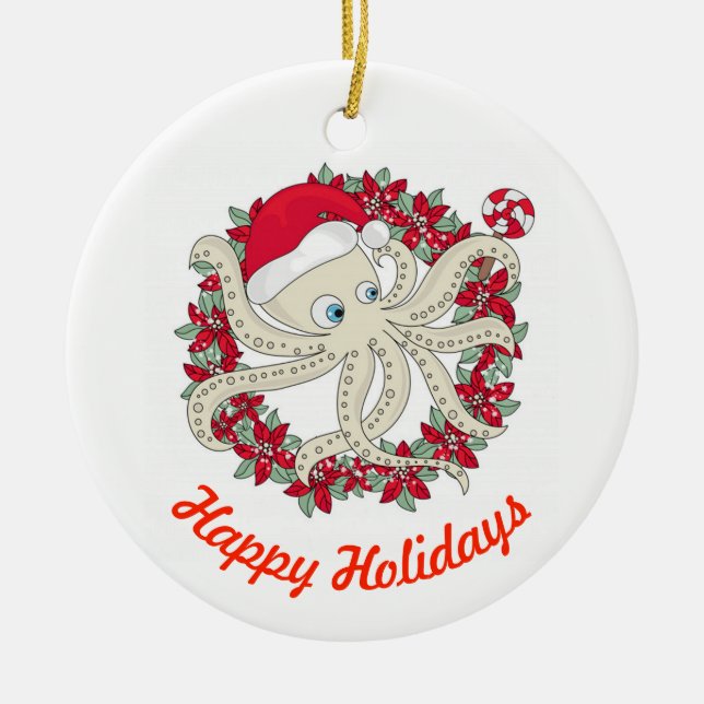 Happy Holidays Octopus Ceramic Ornament (Front)