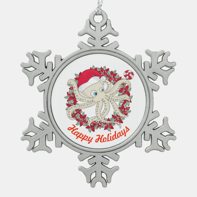 Happy Holidays Octopus Snowflake Pewter Christmas Ornament (Front)