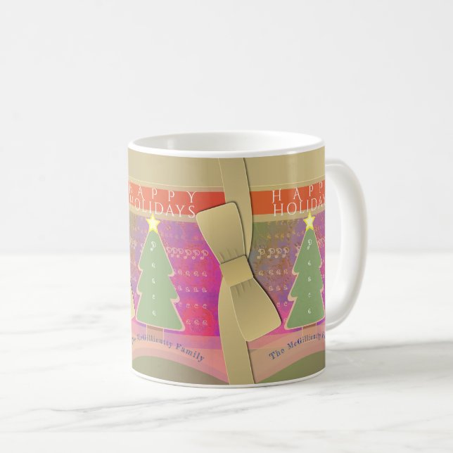"Happy Holidays" Old Gold Bows, Trees Monogram Coffee Mug (Front Right)