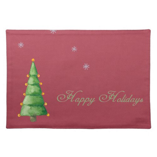 Happy Holidays on Red Paper Tree Snowflakes    Cloth Placemat