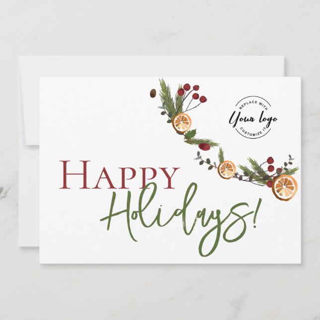 Happy Holidays Oranges wreath leaves Custom Logo  Thank You Card (Front)