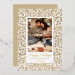 Happy Holidays Ornate Floral Photo Christmas Foil Holiday Card<br><div class="desc">Happy Holidays Ornate Floral Photo Foil Holiday Card Foil Stamped Christmas Cards features one of your favorite photos with the foil text overlay "Happy Holidays" in modern calligraphy script typography on a white background accented with a floral frame. Personalized your names or custom text below. Perfect for family and friends...</div>