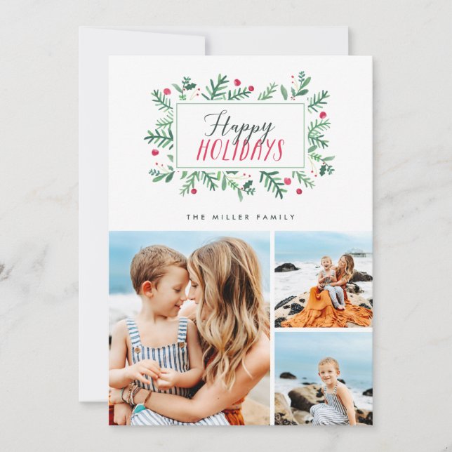 Happy Holidays Painted Botanicals 3 Photo Holiday Card (Front)