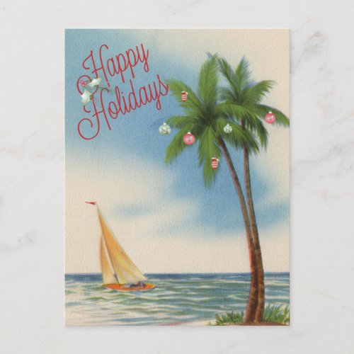 Happy Holidays Palm Tree and Sailboat Holiday Postcard