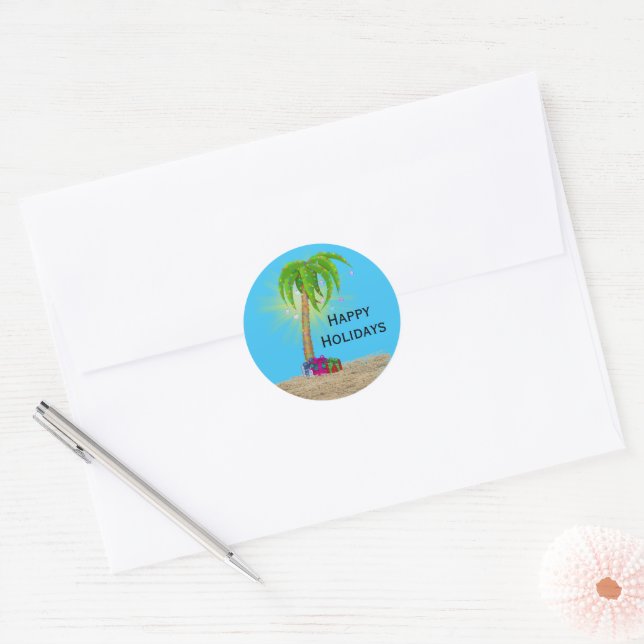Happy Holidays Palm Tree in Sand  Classic Round Sticker (Envelope)
