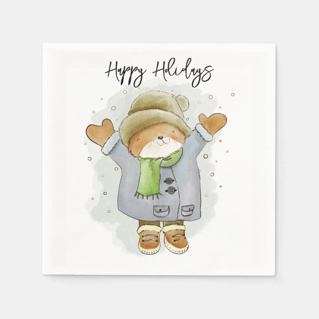 Happy Holidays Paper Napkins Cat Kitten Snow  (Front)