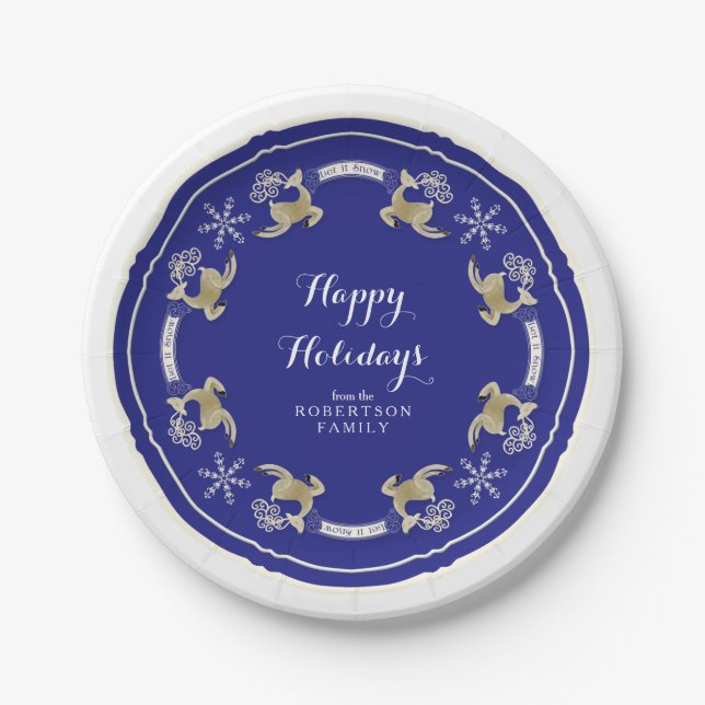 Happy Holidays Party Let it Snow Leaping Reindeer Paper Plates (Front)
