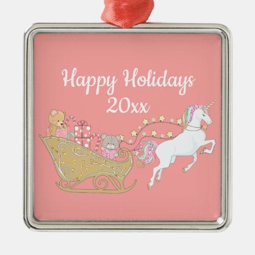 Happy Holidays Pastel Pink Unicorn Santas Sleigh Metal Ornament