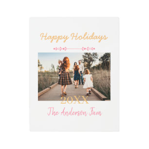 HAPPY HOLIDAYS PEACH 20XX FAMILY NAME PHOTO PASTEL METAL PRINT