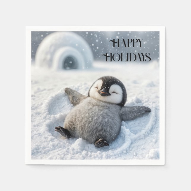 Happy Holidays Penguin Chick Making a Snow Angel Napkins (Front)