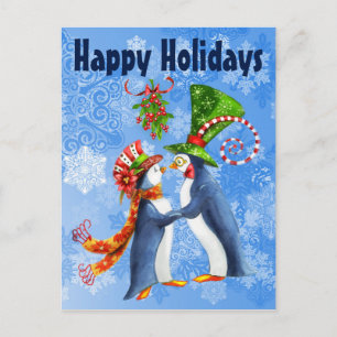 Happy Holidays Penguin Couple Under the Mistletoe Holiday Postcard