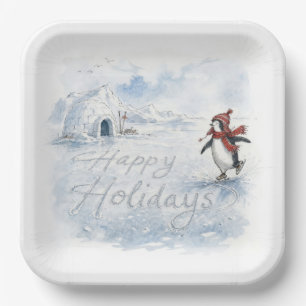 Happy Holidays Penguin Ice Skating Paper Plates