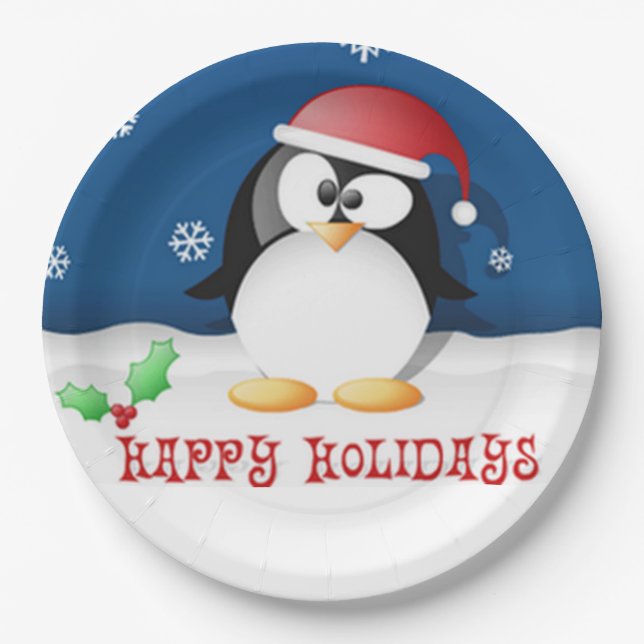 Happy Holidays Penguin Paper Plates (Front)