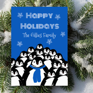 Happy Holidays Penguin Personalized Blue Holiday Card