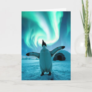 Happy Holidays Penguin Under Northern Lights Card
