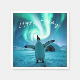 Happy Holidays Penguin Under Northern Lights Napkins