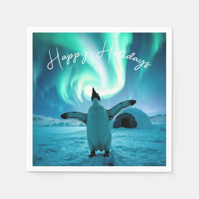 Happy Holidays Penguin Under Northern Lights Napkins (Front)