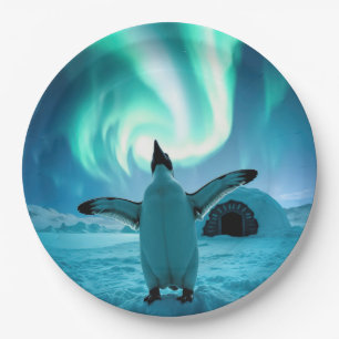 Happy Holidays Penguin Under Northern Lights Paper Plates