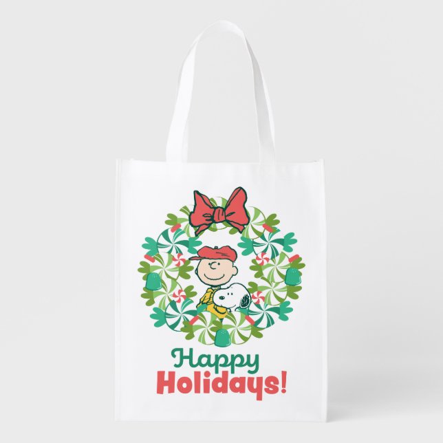Happy Holidays | Peppermint Candy Wreath Grocery Bag (Front)