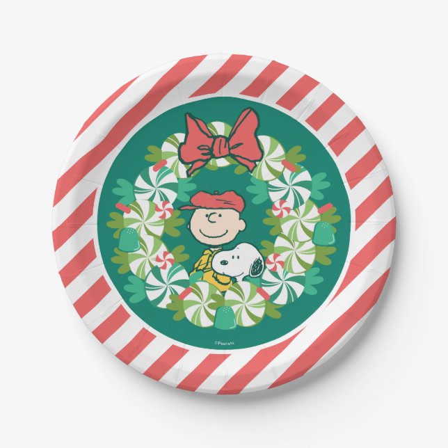 Happy Holidays | Peppermint Candy Wreath Paper Plates (Front)