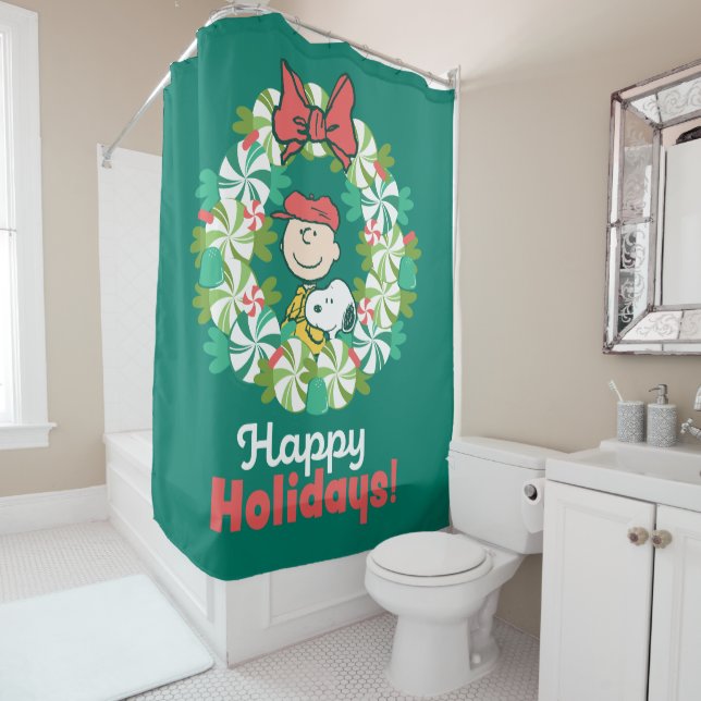 Happy Holidays | Peppermint Candy Wreath Shower Curtain (In Situ)